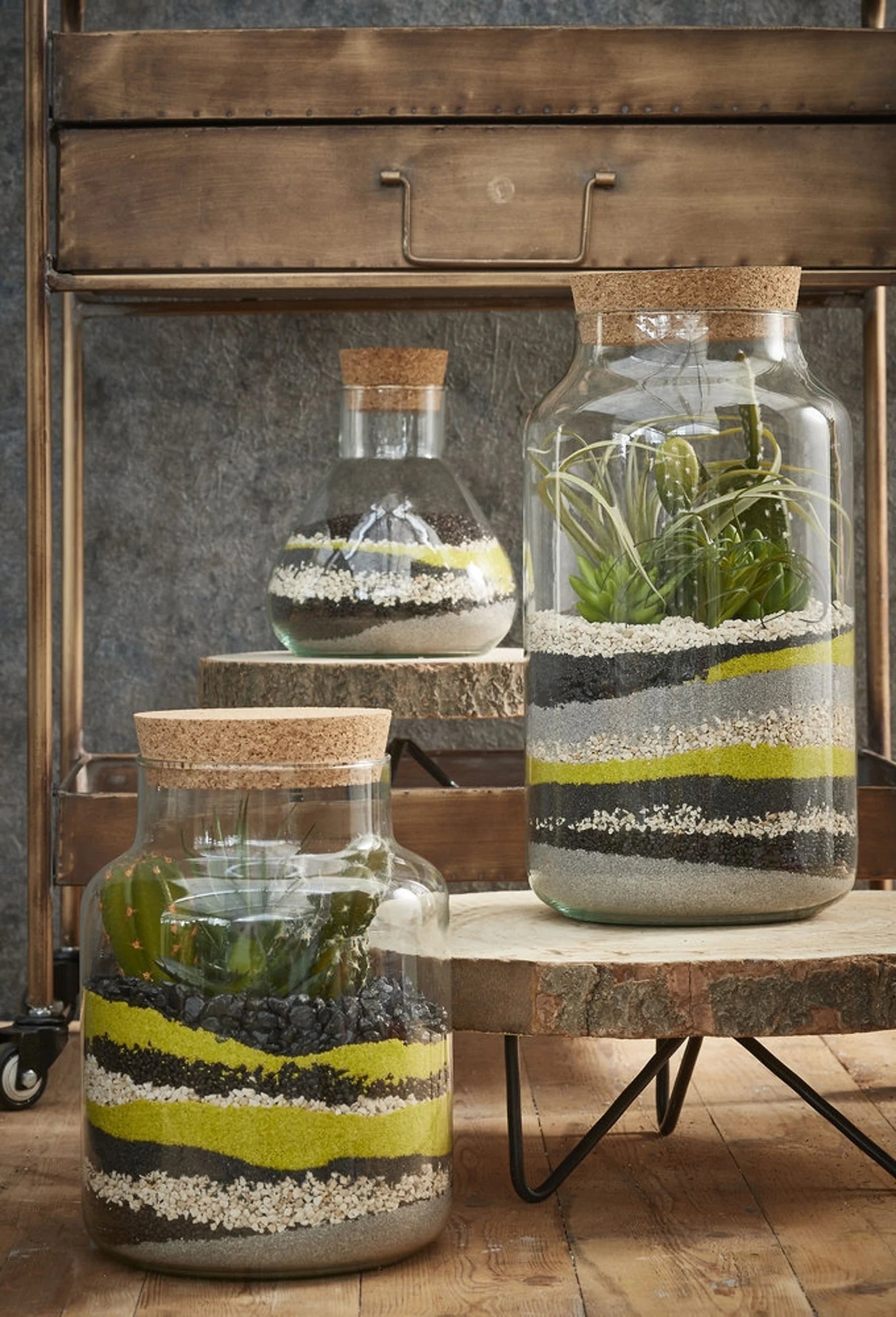 A collection of glass jars sealed with cork lids, each containing a miniature terrarium with lush green moss, small stones, and natural elements. The arrangement creates a charming, self-contained ecosystem with an earthy, decorative appeal.